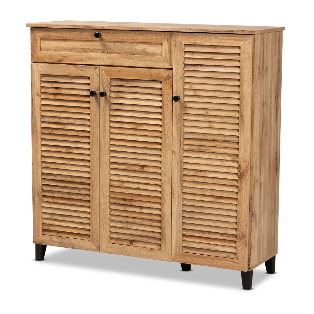Baxton Studio Coolidge Modern and Contemporary Oak Brown Finished Wood 3-Door Shoe Storage Cabinet with Drawer - Image 8