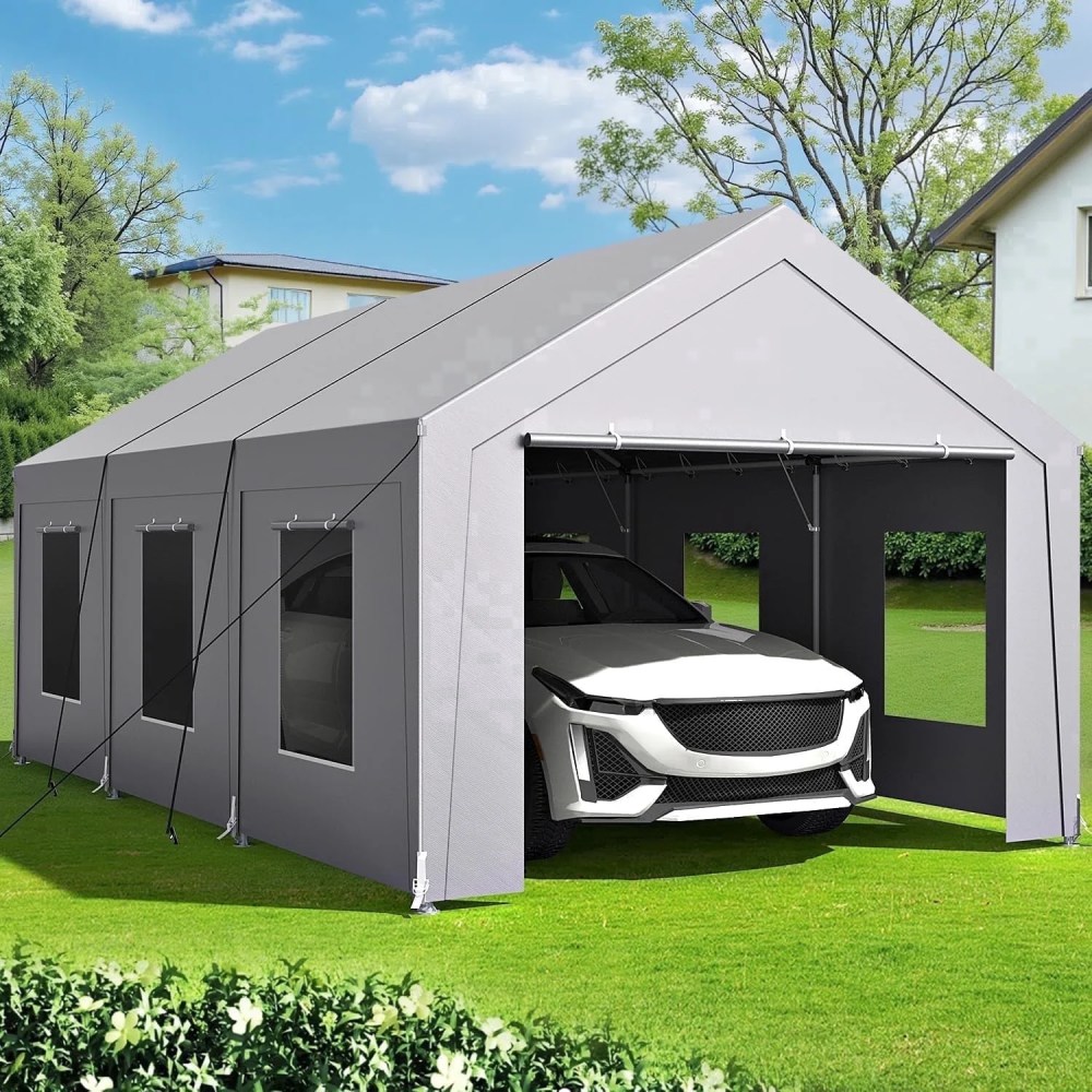 Vitarpatio 1020 ft Carport Heavy Duty, Reinforced Metal Car Port Canopy Portable Garage Waterproof Car Tent with 6 Roll-up Windows, Door and Removable Sidewalls, Light Gray
