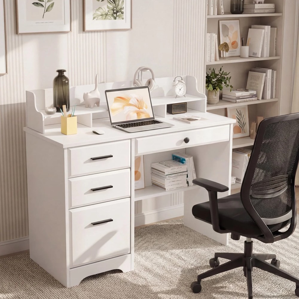 4 Ever Wooden L-Shaped Desk with Hutch & Storage,White
