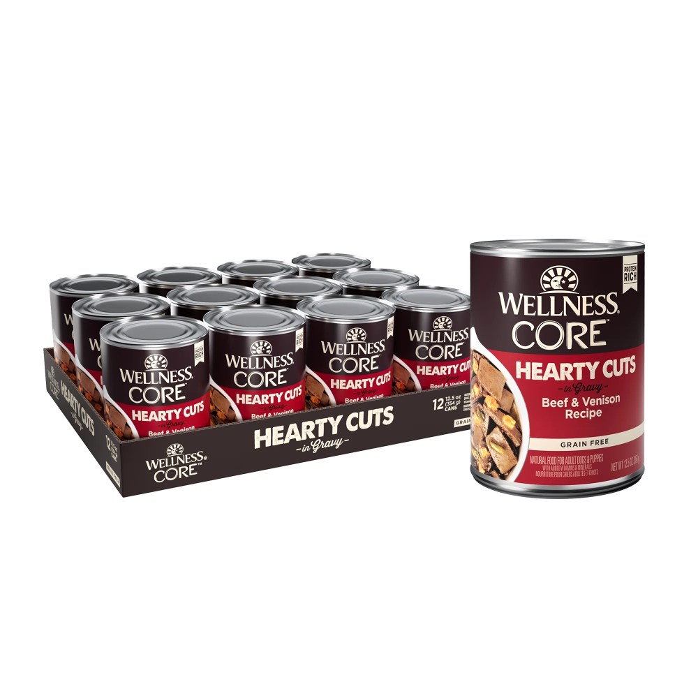 Wellness CORE Hearty Cuts Adult Canned Wet Dog Food, Grain Free, Natural, Beef and Venison Recipe, 12.5 oz, Pack of 12 Cans