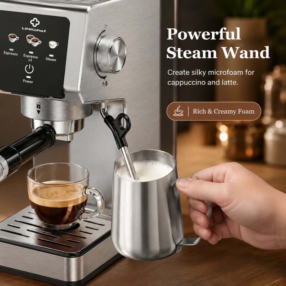LINKChef 20-Bar Espresso Machine with Automatic Steam Wand,1300W Professional Espresso Maker,40 oz Removable Water Tank,Single & Double Shot - Image 5
