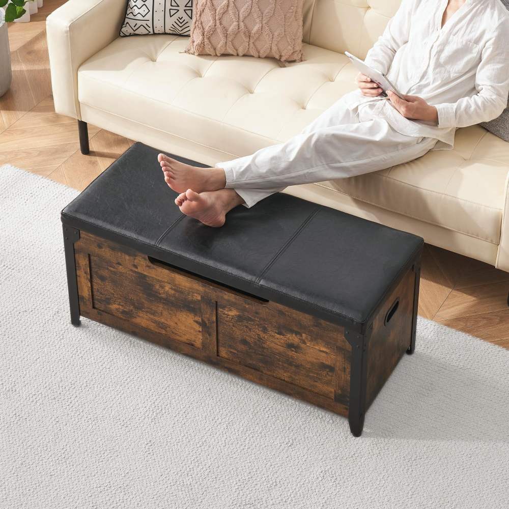 2024 New Wooden Storage Chest Bench, Leather Entryway Shoes Bench with Flip Top Storage Chest,Lift Top Storage Trunk with 2 Safety Hinges for Living Room Bedroom Entryway - Image 4