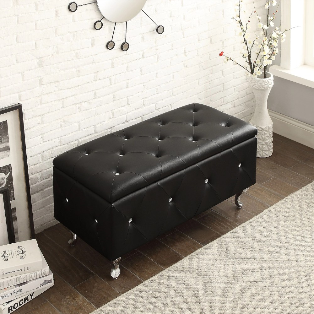 AC Pacific Crystal Tufted Faux Leather Storage Bench,Black - Image 9