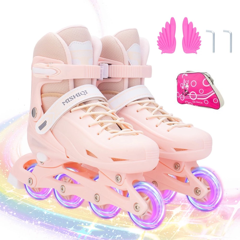 YYW Kids Inline Skates with Light Up Wheels, 4-Size Adjustable Roller Skates for Girls(Pink, M)