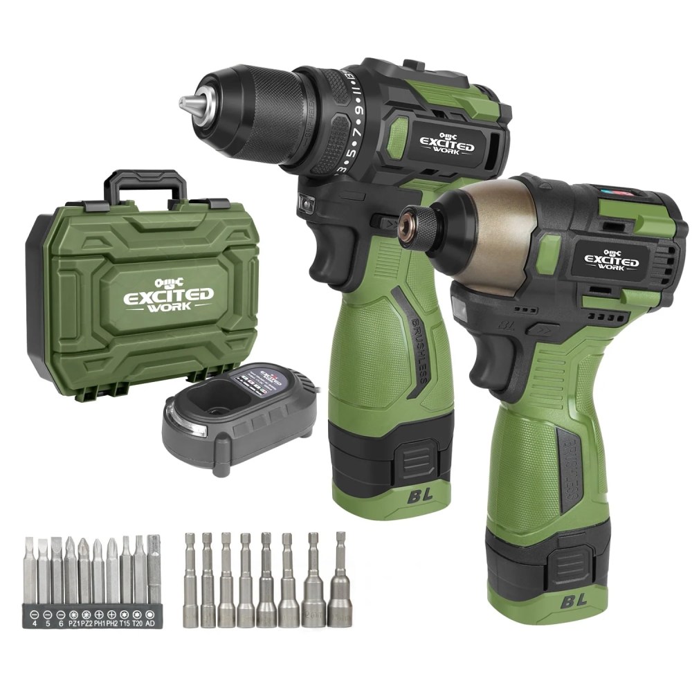 17V Brushless Screwdriver Drill Set,140Nm Cordless Impact Driver & 55Nm Electric Drill with 3 Adjustable Speed