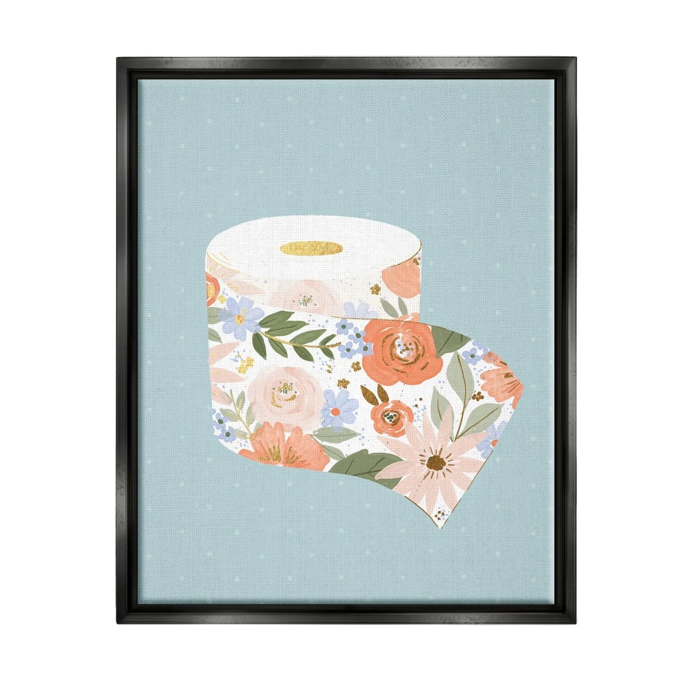 Stupell Industries Spring Floral Print Toilet Paper over Blue Jet Black Framed Floating Canvas Wall Art, 1620, by Loni Harris