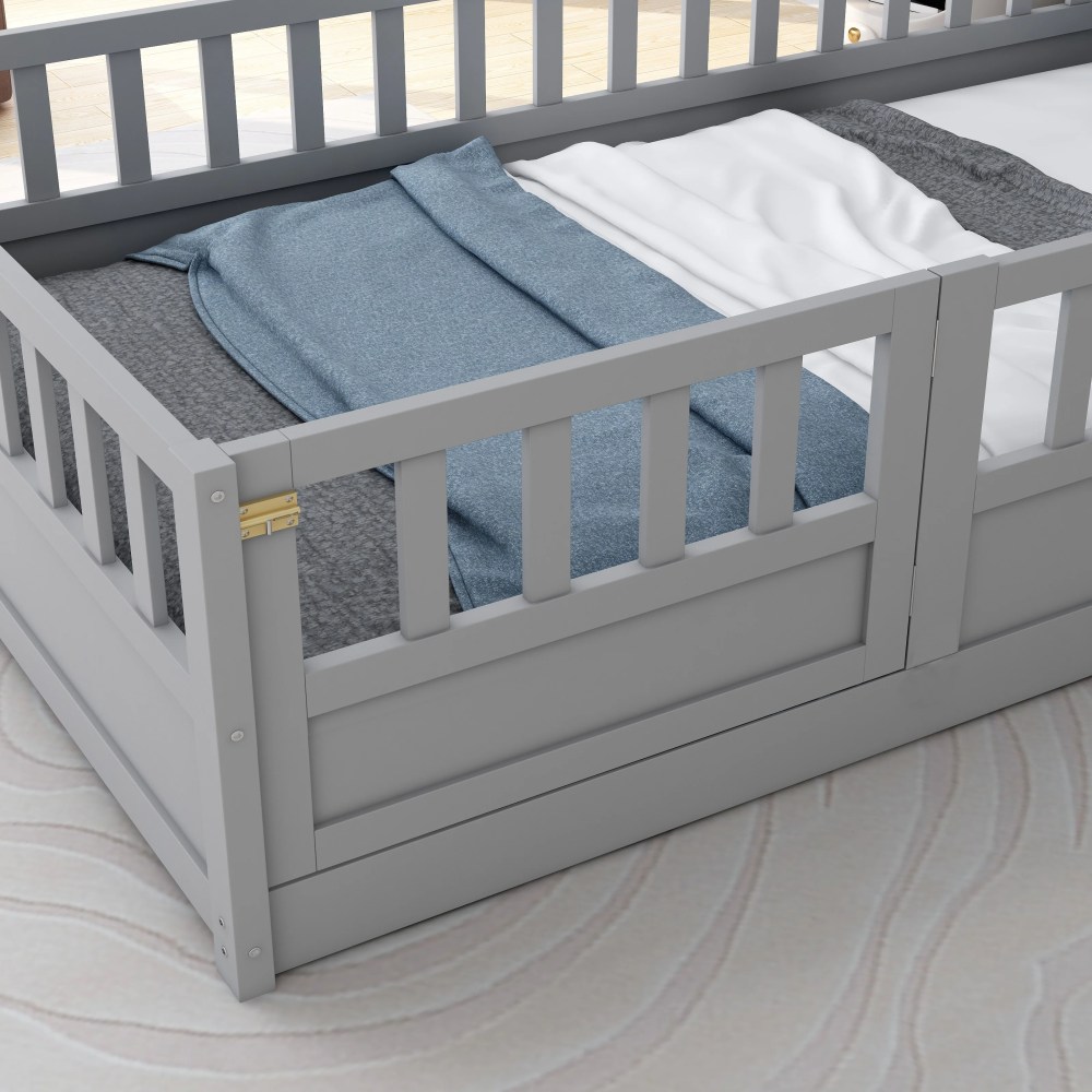 Euroco Twin Wood Floor Bed with Fence and Door, Low Wood Bed for Toddle Kids Teens, Gray - Image 13