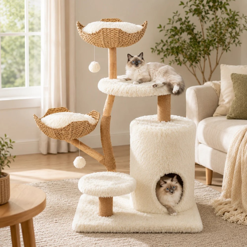 Erinnyees Cat Tower, Modern Cat Tree 2 Cat Condos, 2 Spacious Wicker Baskets with Cushions and 2 Perches, Natural Solid Wood Scratching Post, Real Branch Cat Furniture, Pompoms, White Aesthetic D