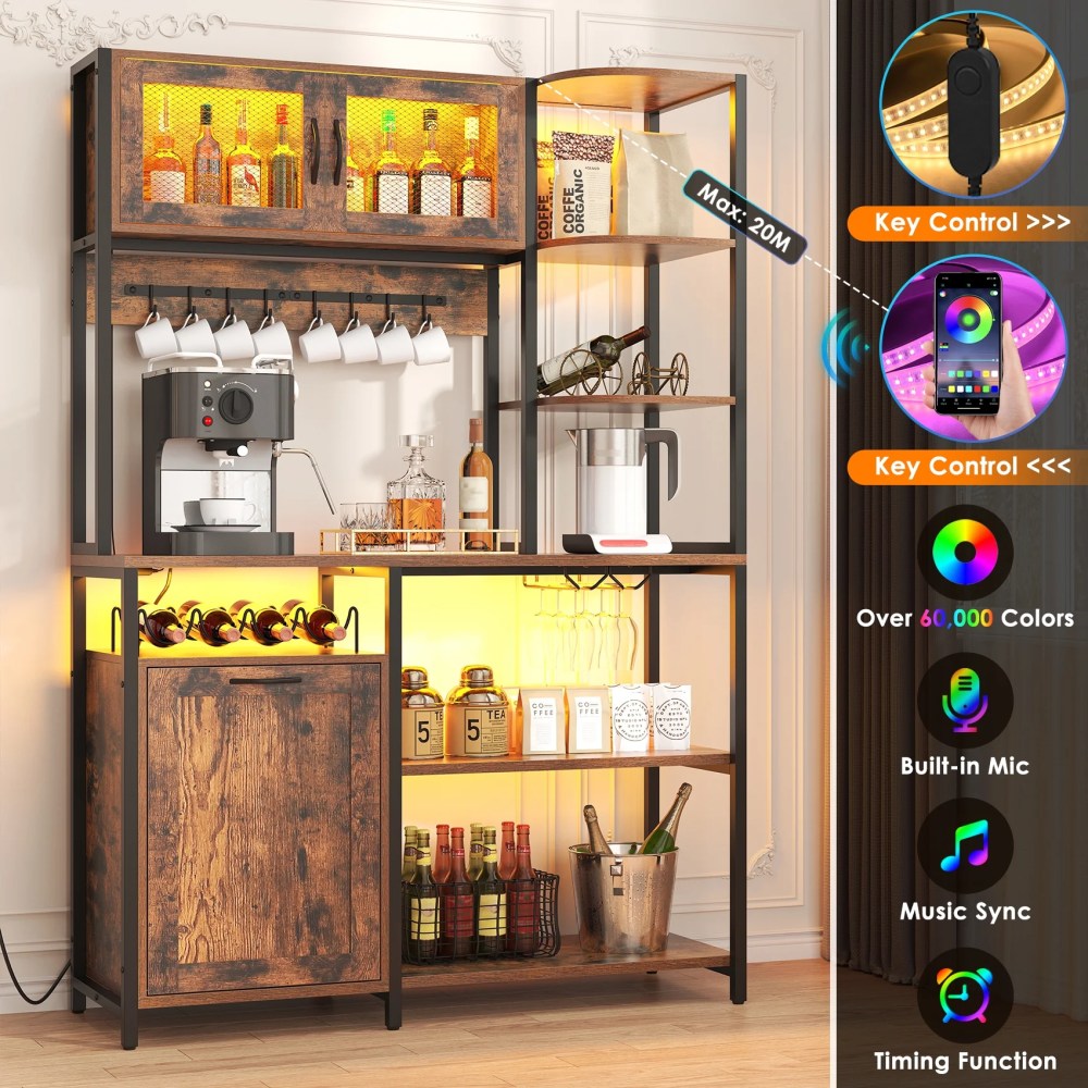 Winkalon 42.5" Wide Large Bakers Rack with Power Outlets,6 Tiers Coffee Bar Table with LED Light,8 Hooks,Microwave Stand Kitchen Storage Shelf,Rustic Brown - Image 7