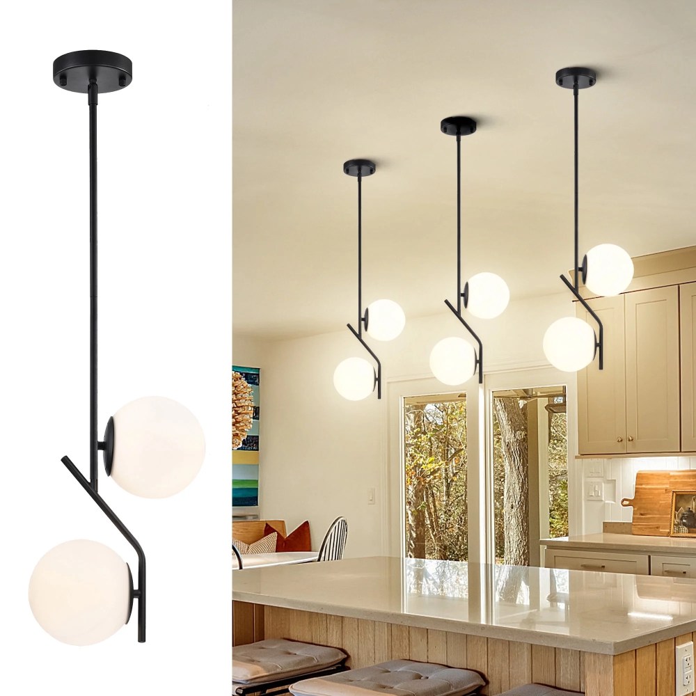 ASHOP Matte Black Adjustable Glass Globe Pendant Light,2-Light Mid-Century Modern Lighting for Kitchen Island
