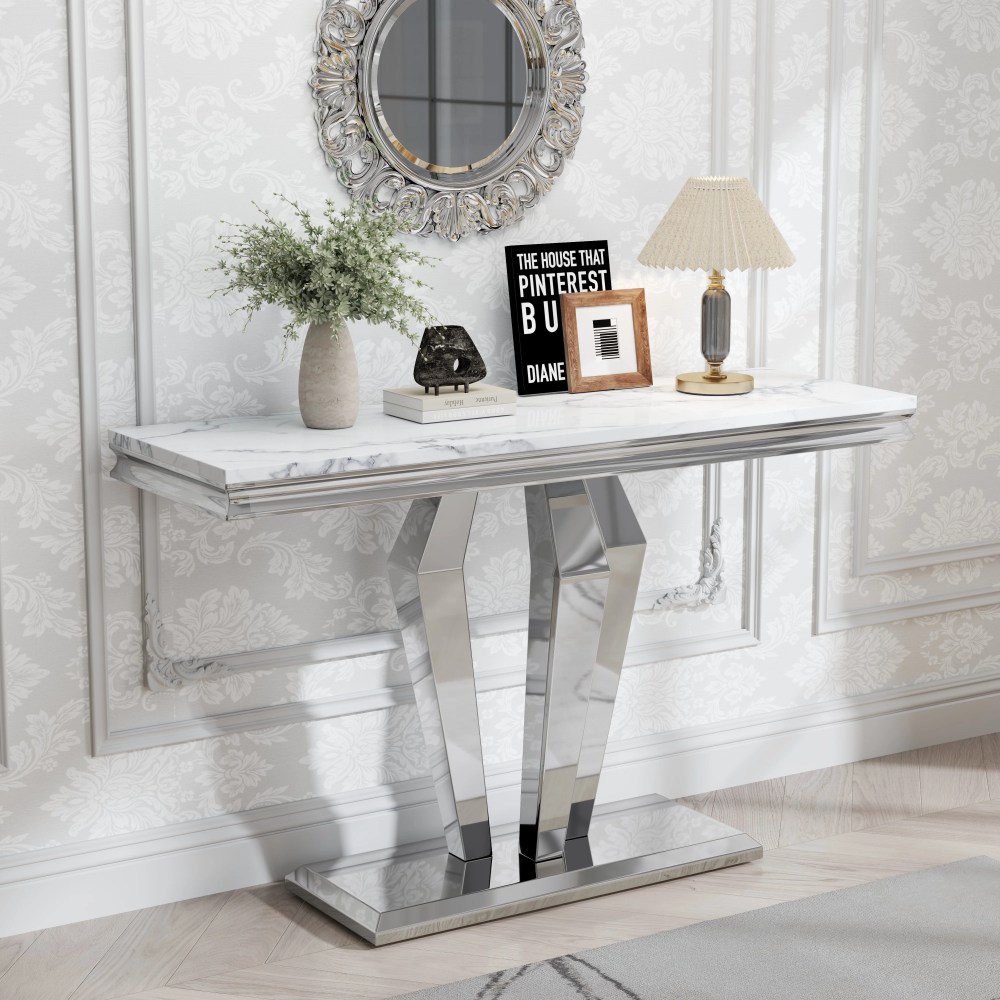 47" Modern Faux Marble Console Table,Rectangular Top & Diamond-Shaped Stainless Steel Base,Narrow Entryway Table for Entrance,Hallway,Foyer,or Living Room