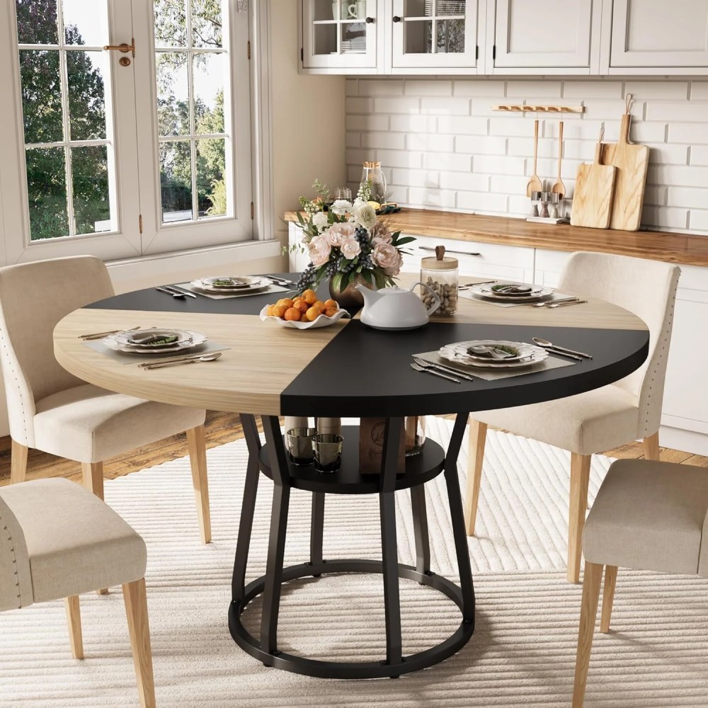 47" Round Dining Table for 4-6 People,Modern Farmhouse Kitchen Table with Storage and Metal Legs,Sturdy R-Shaped Metal Wood Base for Dining Room,Small Spaces,Black & Wood(Only Table)