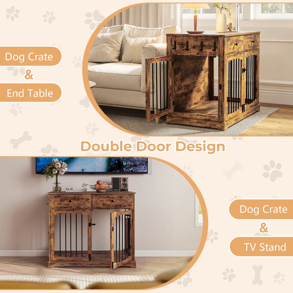 Flictozena 40 Inch Dog Crate Furniture - House Style Wooden Pet Kennel with 2 Doors for Indoor Large Dogs, Brown - Image 2