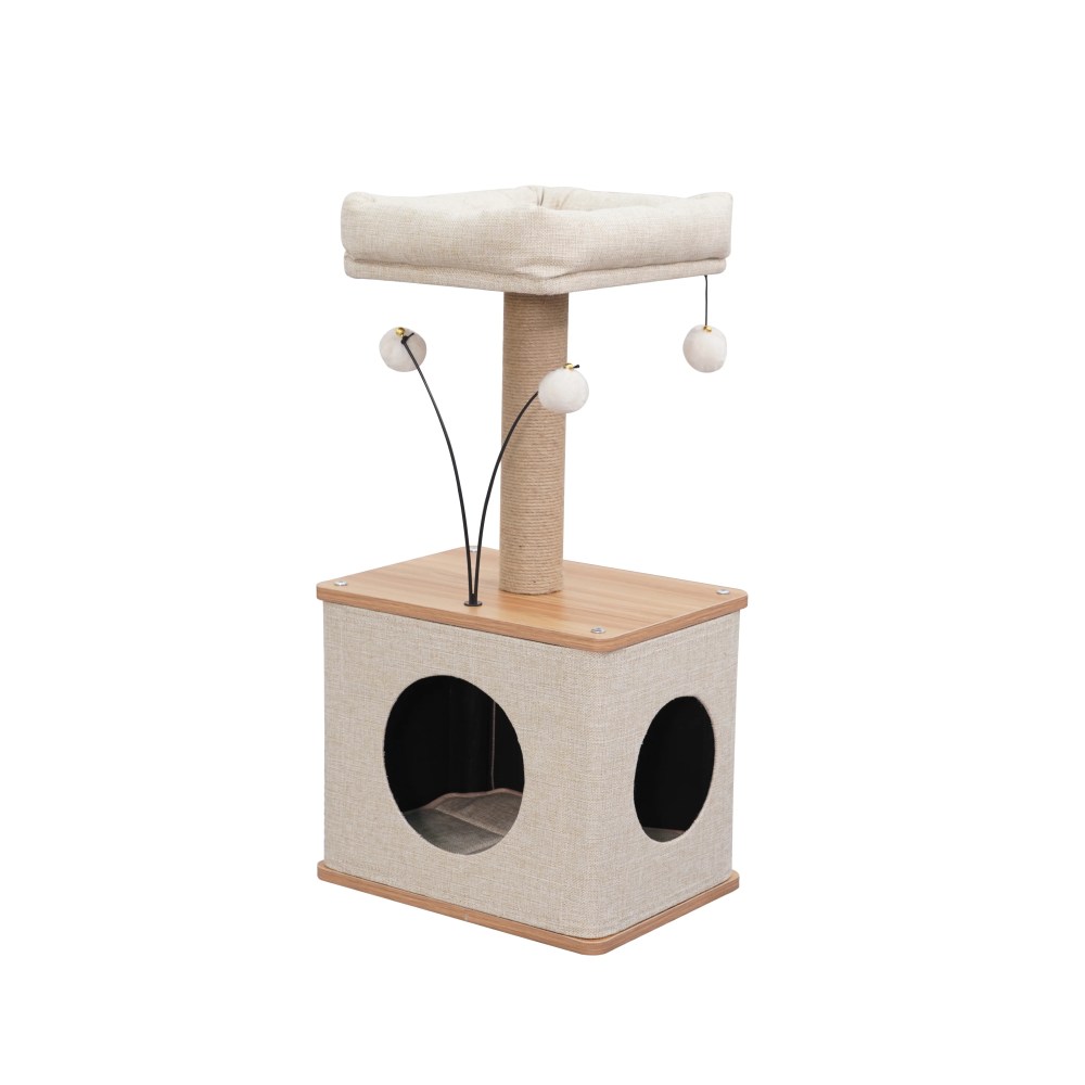 Vibrant Life 3-Level 30" Minimalist Cat Tree with Large Condo and Perch,  3 Toys,  Beige