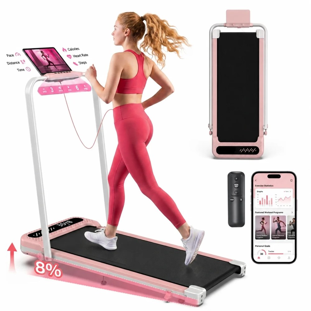 YZRUN Walking Pad with 8 Incline, Pink Walking Pad Under Desk with Foldable Handle Bar, Treadmill for Home