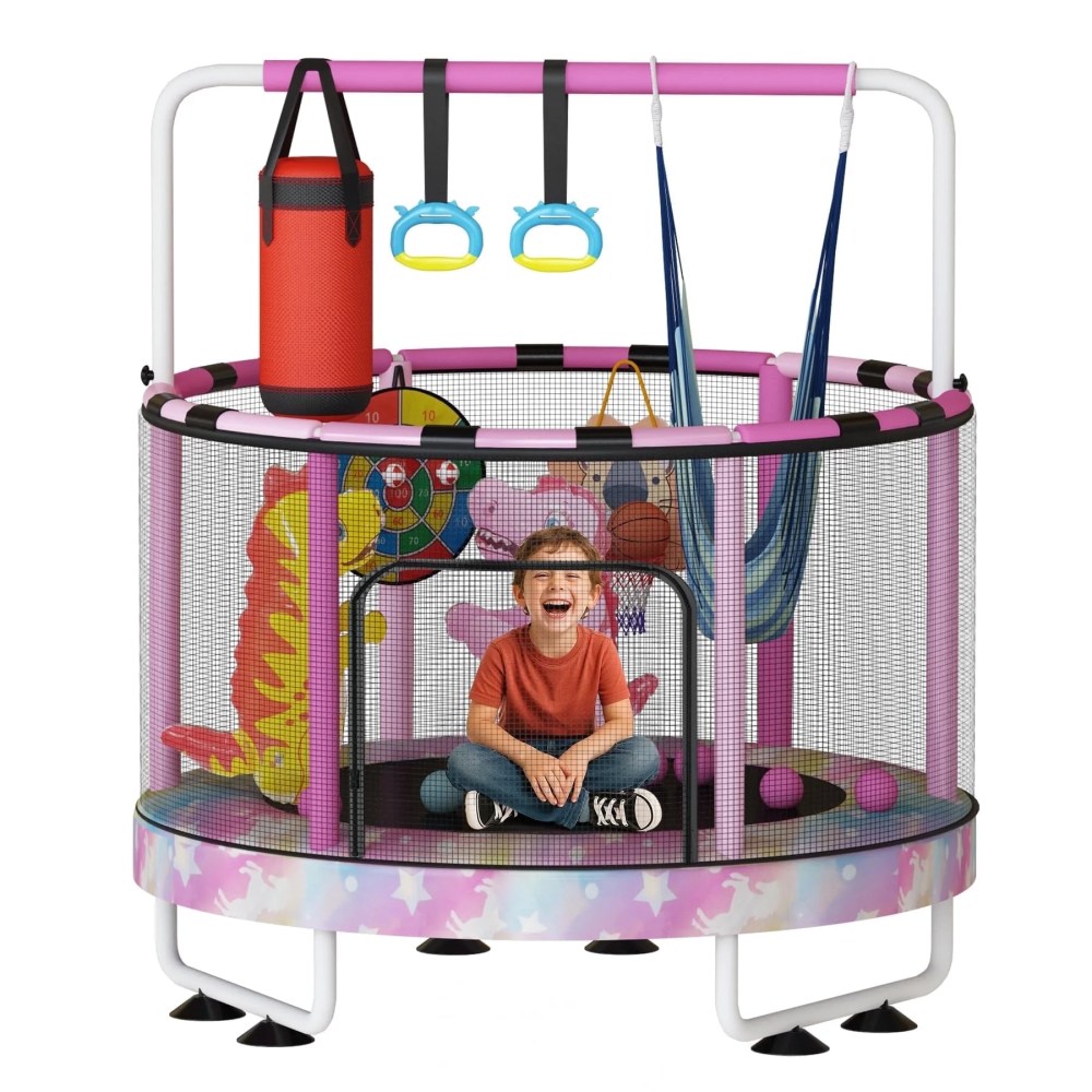 Baxluxe 55" Kids Trampoline with Safety Net, 7-in-1 Adjustable Height Design, 500lbs Weight Capacity for Indoor & Outdoor Use, Fun Mini Trampoline for Children Ages 3-8 Years Old, Rainbow