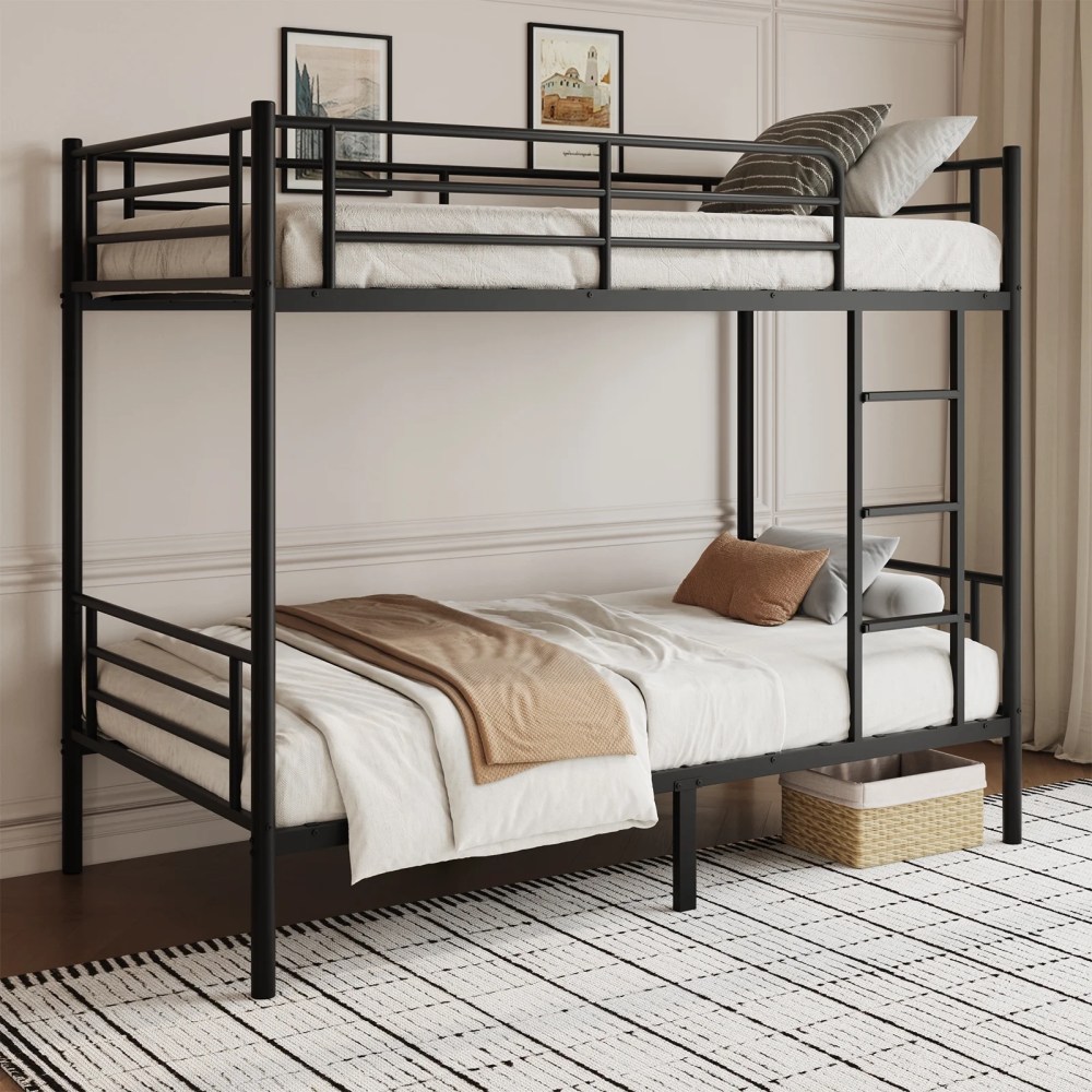 Capri Metal Twin over Twin Size Bunk Bed Frame with 10.63" Under-Bed Storage & Stairs & Full-Length Guardrail,Noise Free,Heavy-duty,Black