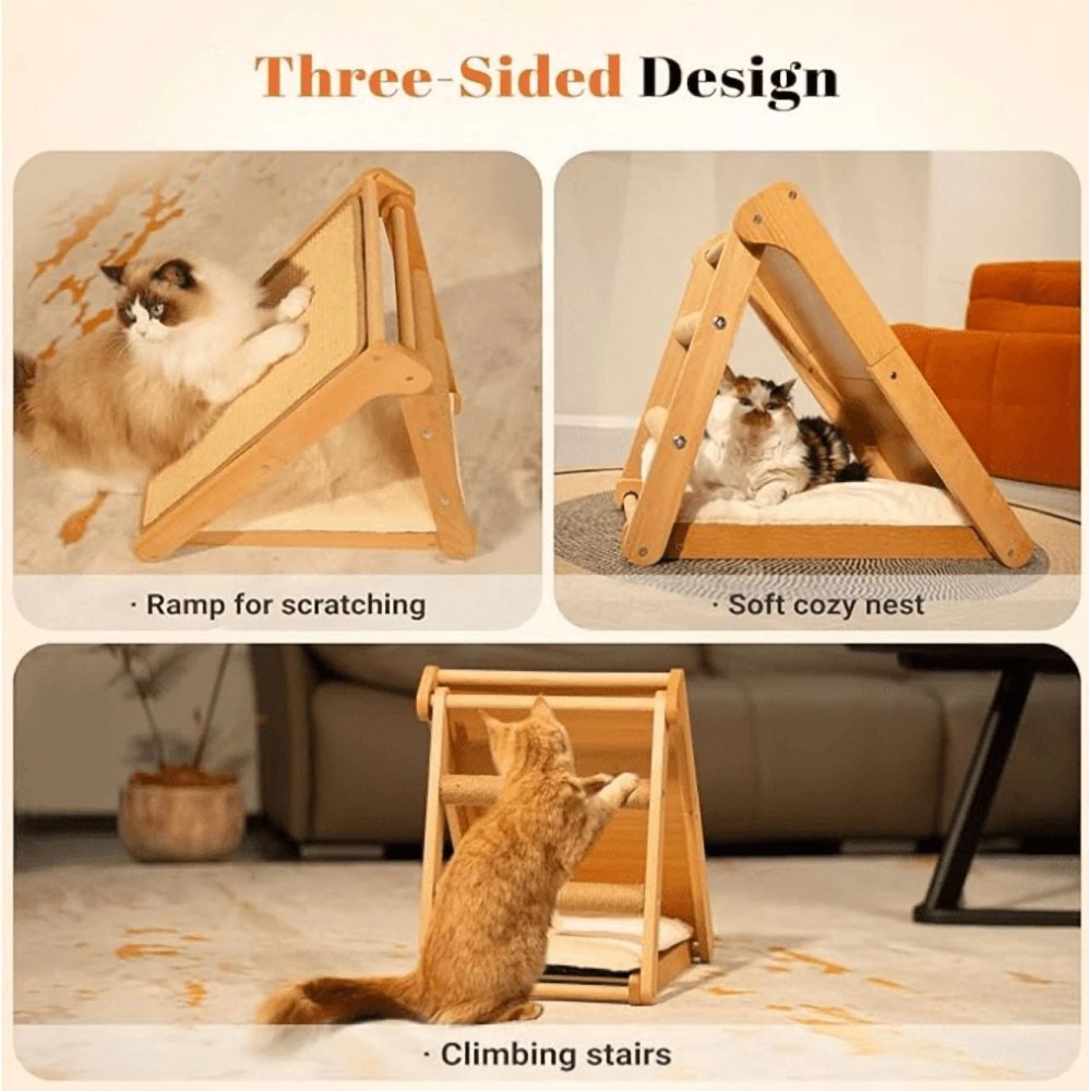 CheerPals Sisal Cat Scratcher Ramp with Cushion, 20" x 14.1" Large Foldable Scratch Board Cats Scratching Post, Wooden Pet Furniture - Image 2