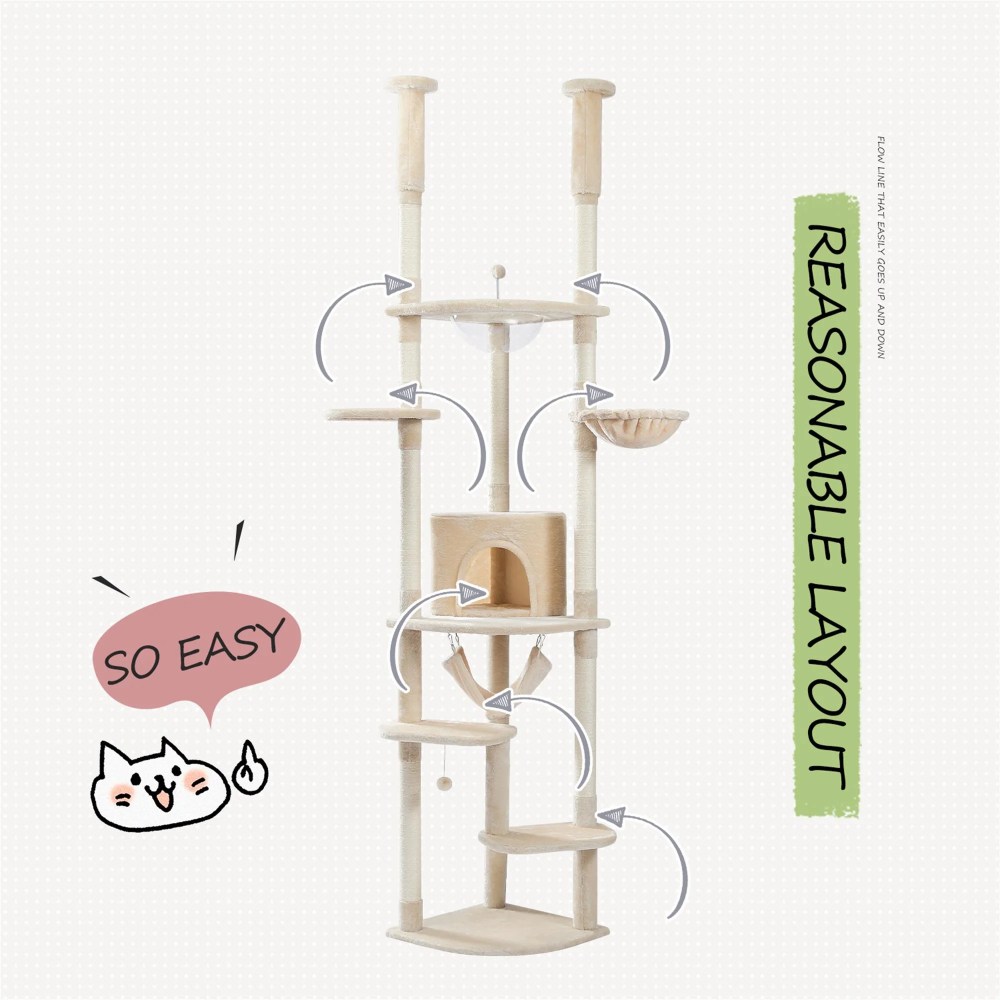 Demi Bonn Floor to Ceiling Cat Tree for Indoor 92"-101" Height Adjustable Cat Tower, Kitty Climbing Play House with Cozy Cat Condo, Perches and Hammock, Beige - Image 8