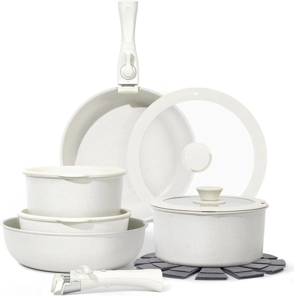 Soday 15Pcs Pots and Pans Set Removable Handle,Nonstick Cookware Set,Induction Compatible,White