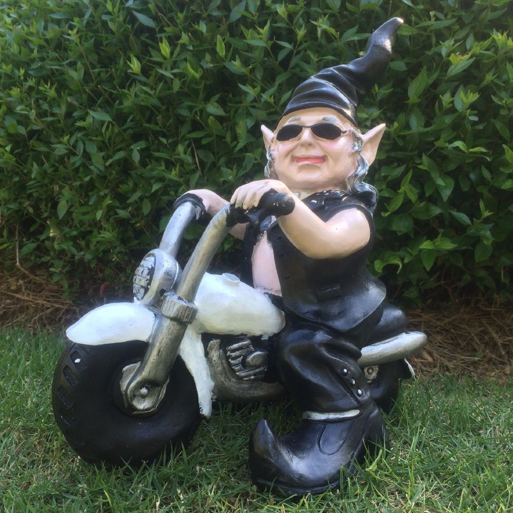 Homestyles Peace Sign "Biker Dude & Babe" the Biker Gnome Riding Her White Hog in Leather Motorcycle Gear Large Outdoor Garden Statue 14.5"H and 12"H - Image 3