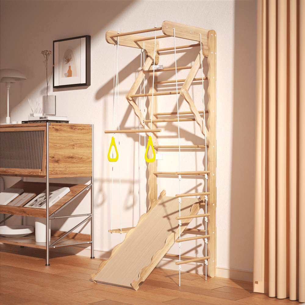MulinsonFly 5-in-1 Swedish Ladder Wall Set-Montessori Indoor Jungle Gym for Kids 3-8,  Wooden Climbing Toy with Pull-up Bar,  Swing & Slide,  330lbs Capacity