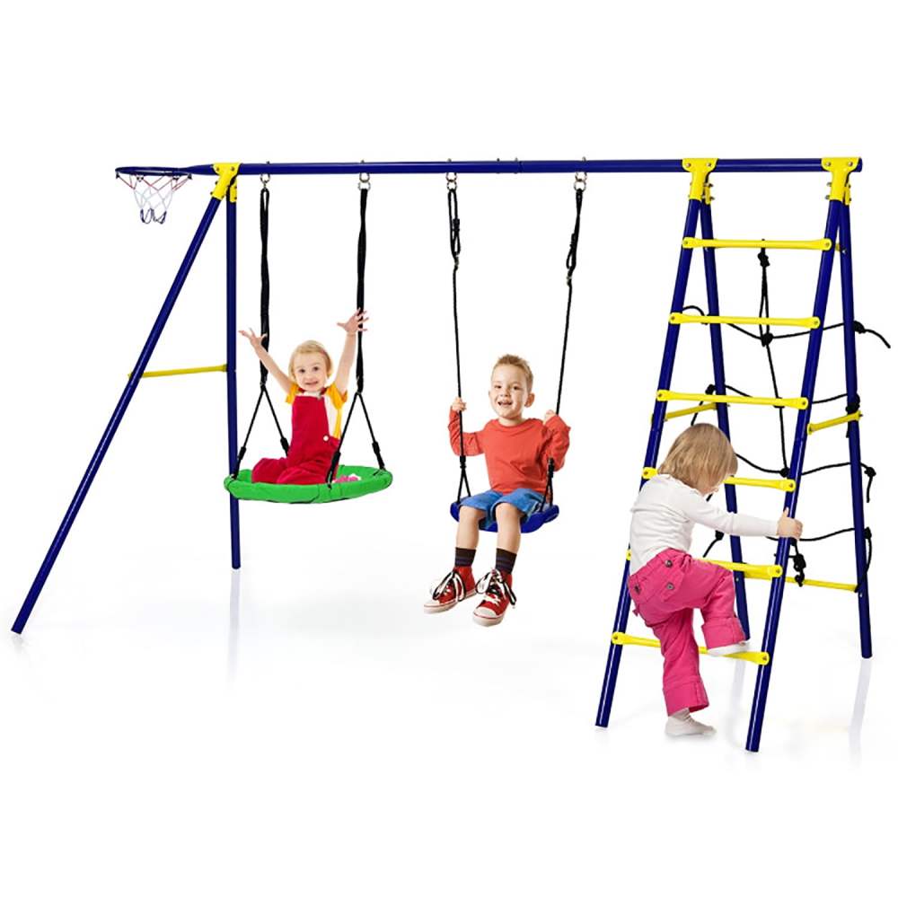 YYAo Outdoor Patio Porch Swing, Swing Chair Bench, 5-In-1 Outdoor Kids Swing Set with A-Shaped Metal Frame and Ground Stake