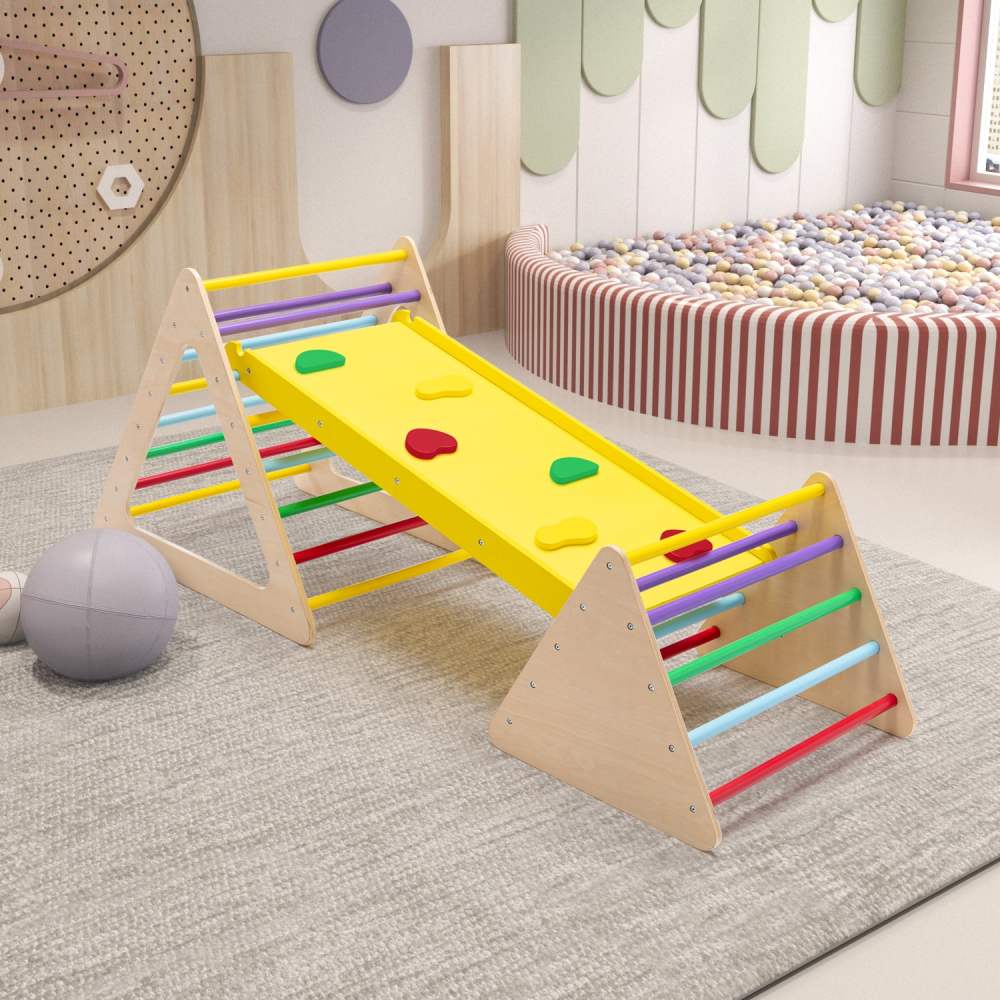 Walsport 3 in 1 Baby Triangle Climber with Ladder Sliding and Climbing Fun Zone, Toddler Wooden Indoor Play Equipment for Toddlers 18m-6yrs