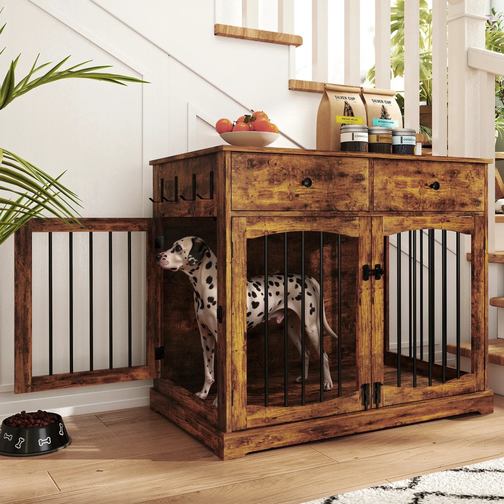 Flictozena 40 Inch Dog Crate Furniture - House Style Wooden Pet Kennel with 2 Doors for Indoor Large Dogs, Brown - Image 3