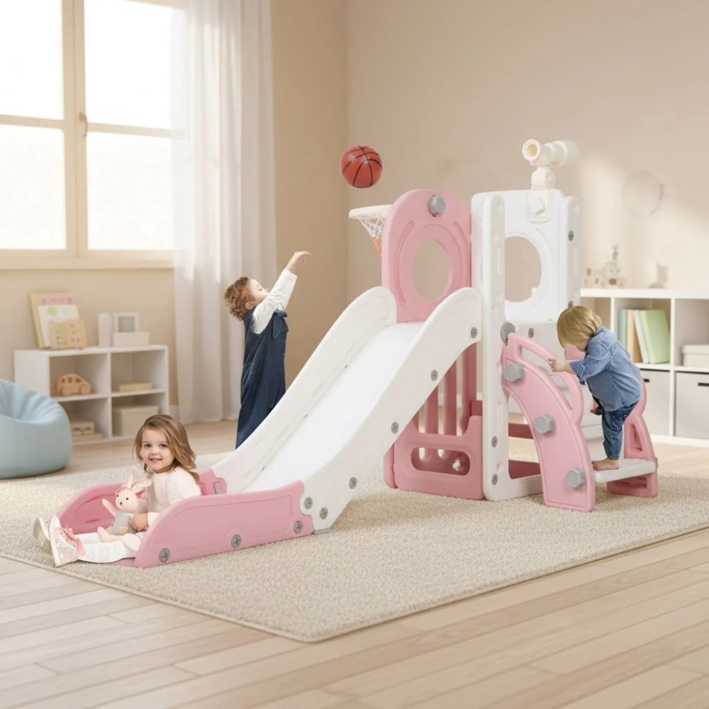 Nyeekoy 6-In-1 toddler slide indoor, freestanding slides for toddlers 1-3, kids slide Climber with Basketball Hoop, Outdoor Playset Indoor Playground, Age 1-6