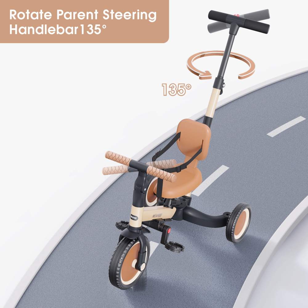 newyoo Toddler Tricycle with Push Handle for 1-3 Year Old, Toddler Bike, Birthday Gift and Toy for Boys and Girls, 5 in 1 Kids Trike, Balance Bike with Backrest and Safety Belt, Khaki, TR007 - Image 7