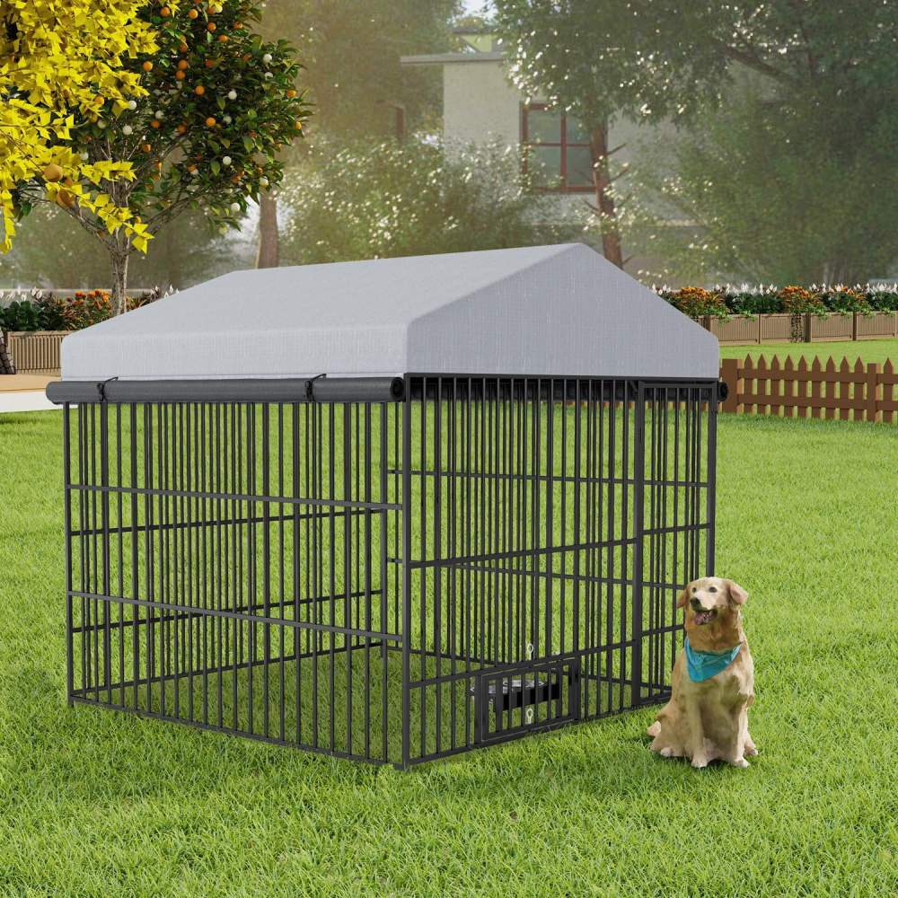 Dog Kennel, Outdoor Pet Pen, Dog Run Enclosure with Roof Cover and Feeding Bowls, Metal Fence for Pets, 6.66.66.4 Ft Size