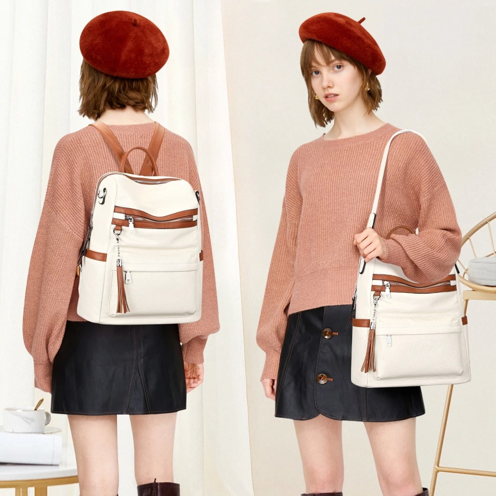 ALTOSY Genuine Leather Backpack Purse Elegant Convertible Shoulder Bag for Women S108 Beige/Brown - Image 5