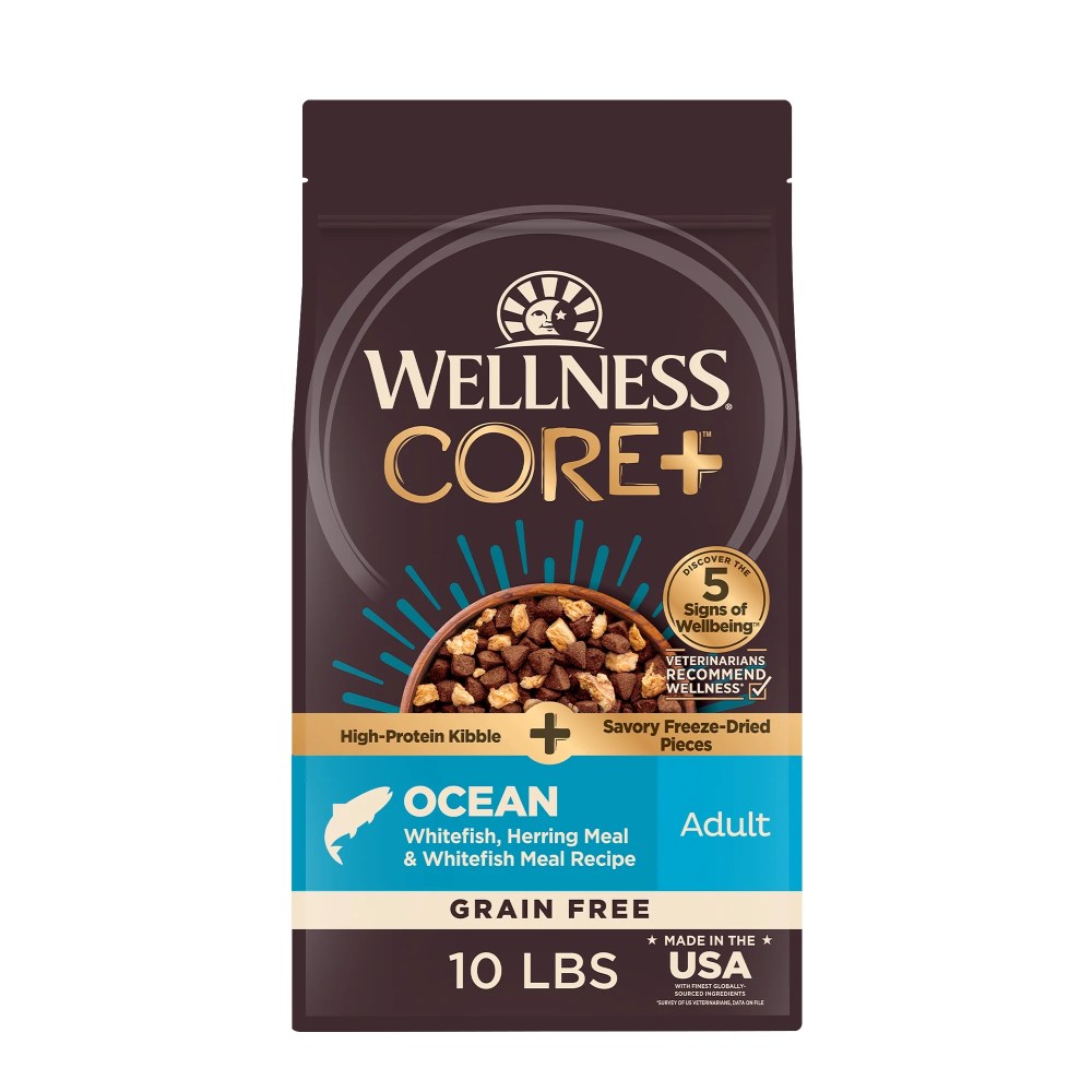 Wellness CORE Adult Dry Dog Food with Freeze Dried Pieces,  Grain Free Kibble,  Natural,  High Protein,  Chicken Free,  Whitefish,  Herring,  and Salmon Recipe,  10 lb Bag