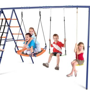 Veeboto 6-in-1 Swing Sets for Outside, 550lbs Heavy Duty A-Frame Outdoor Swing Set, Adjustable Kids Seat/Ground Stakes for Backyard