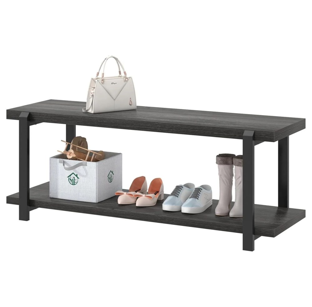 47 Inch Shoe Rack,Rustic Wood & Metal Entryway Bench,Vintage Shoe Storage for Hallway,Dark Gray - Image 3