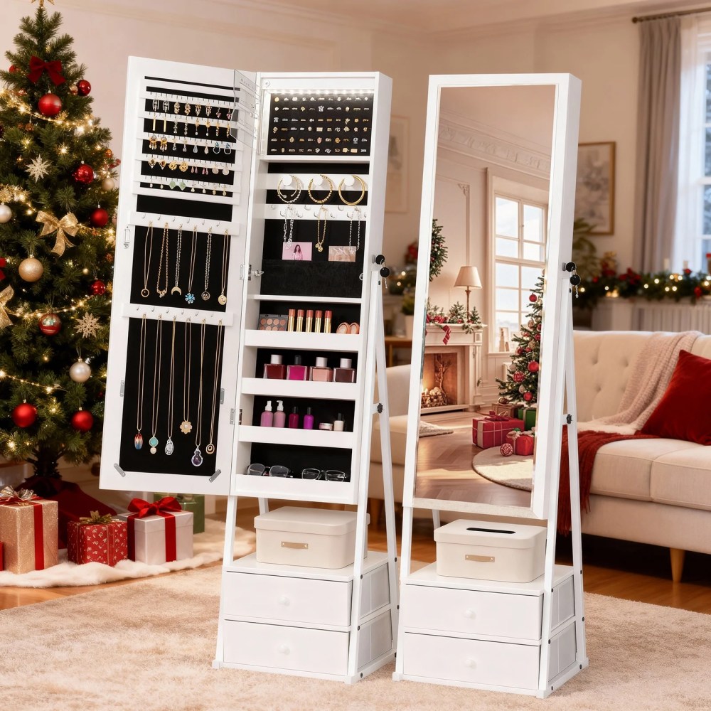 Zimtown Standing Jewelry Cabinet with Full Length Mirror - 2 Spacious Drawers & Makeup Storage Compartments,Freestanding Jewelry Organizer,White
