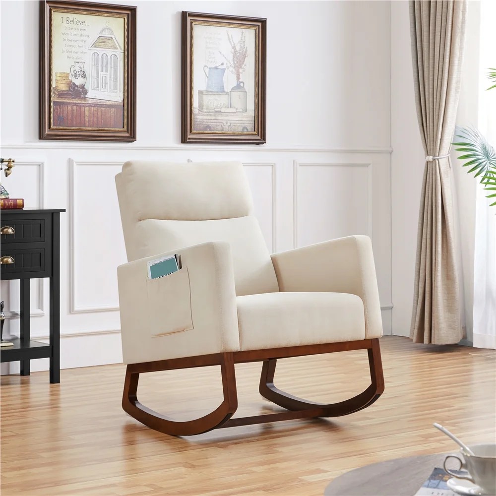 Alden Design Fabric Upholstered Rocking Accent Chair,Beige - Image 4
