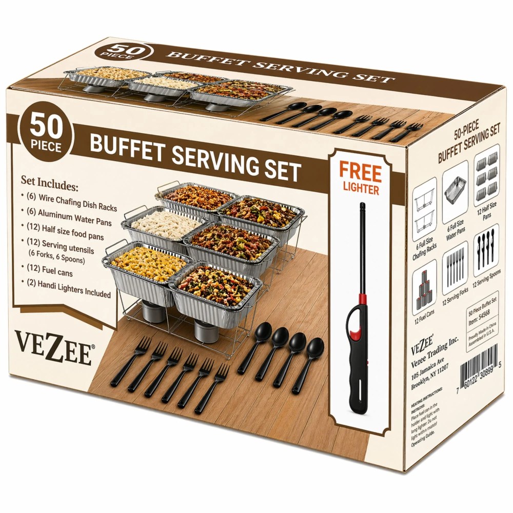 VeZee 50 Piece All-in-One Chafing Dish Buffet Set with Racks,Fuel Cans & Serving Utensils for Catering,Parties & Events