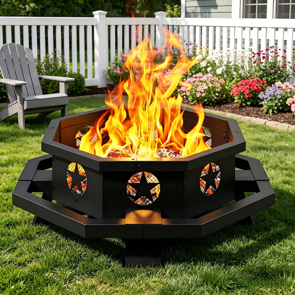 43" Octagonal Fire Pit,Wood Burning Fire Pit with Poker for Outside