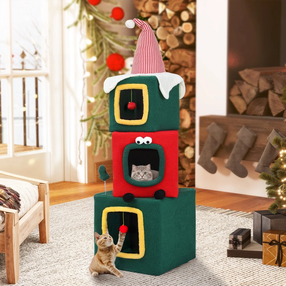 Dextrus 60 in Christmas Cat Tree with Cat House Cat Tower for Indoor Cats with Cat Condos, Kittens Play Activity Center, Cat Furniture with Plush Ball for Christmas Decoration