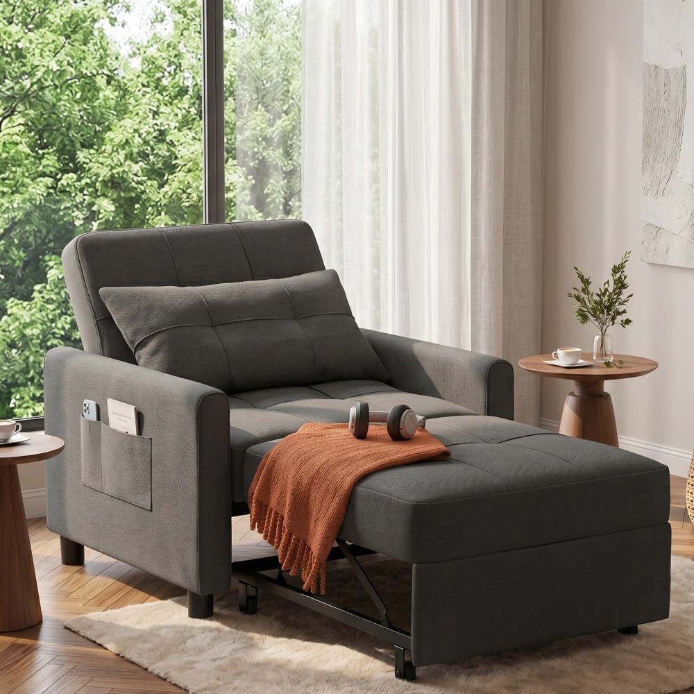 Sofa Bed Chair Convertible,Sleeper Chair with Pull-Out Bed,3-in-1 Futon Couch with Reclining Backrest and Side Pocket,Dark Grey