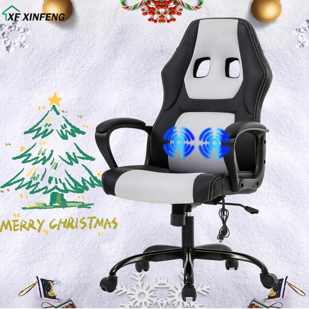 XF XINFENG Gaming Ergonomic Office Chair,250lbs Capacity PU Leather Computer Chair with Lumbar Massage,Height Adjustable 360'Swivel Racing Chair,White