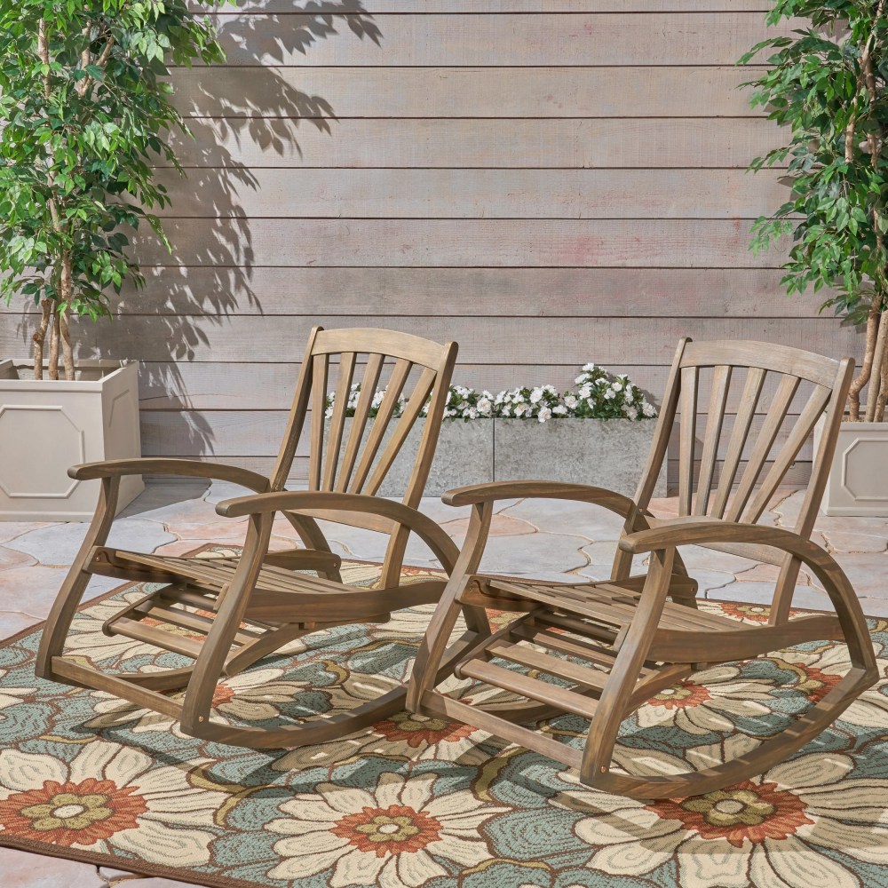 Kaya Outdoor Reclining Acacia Wood Rocking Chairs,Set of 2,Gray