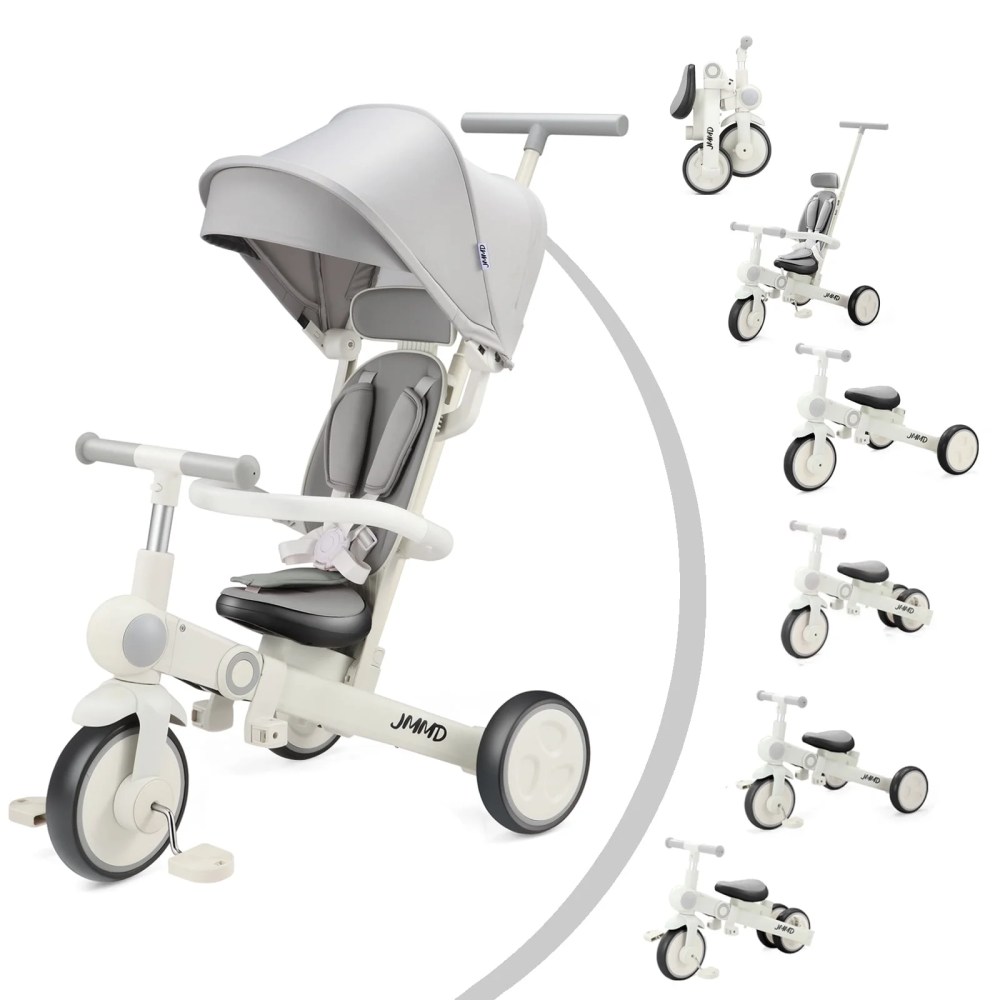 JMMD Baby Tricycle, 7-in-1 Foldable Kids Trike with Adjustable Parent Handle, Safety Harness & Wheel Brakes, Removable Canopy, Stroll Trike for Boys & Girls Ages 18 Months-5 Years, Gray