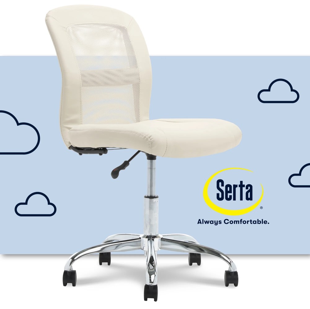 Serta Essential Armless Task Chair, Small Desk Chairs with Wheels, Breathable Mesh Back and Faux Leather, Quality Foam Cushion Seat for Comfort, Minimal Design for Vanity Table, Cream