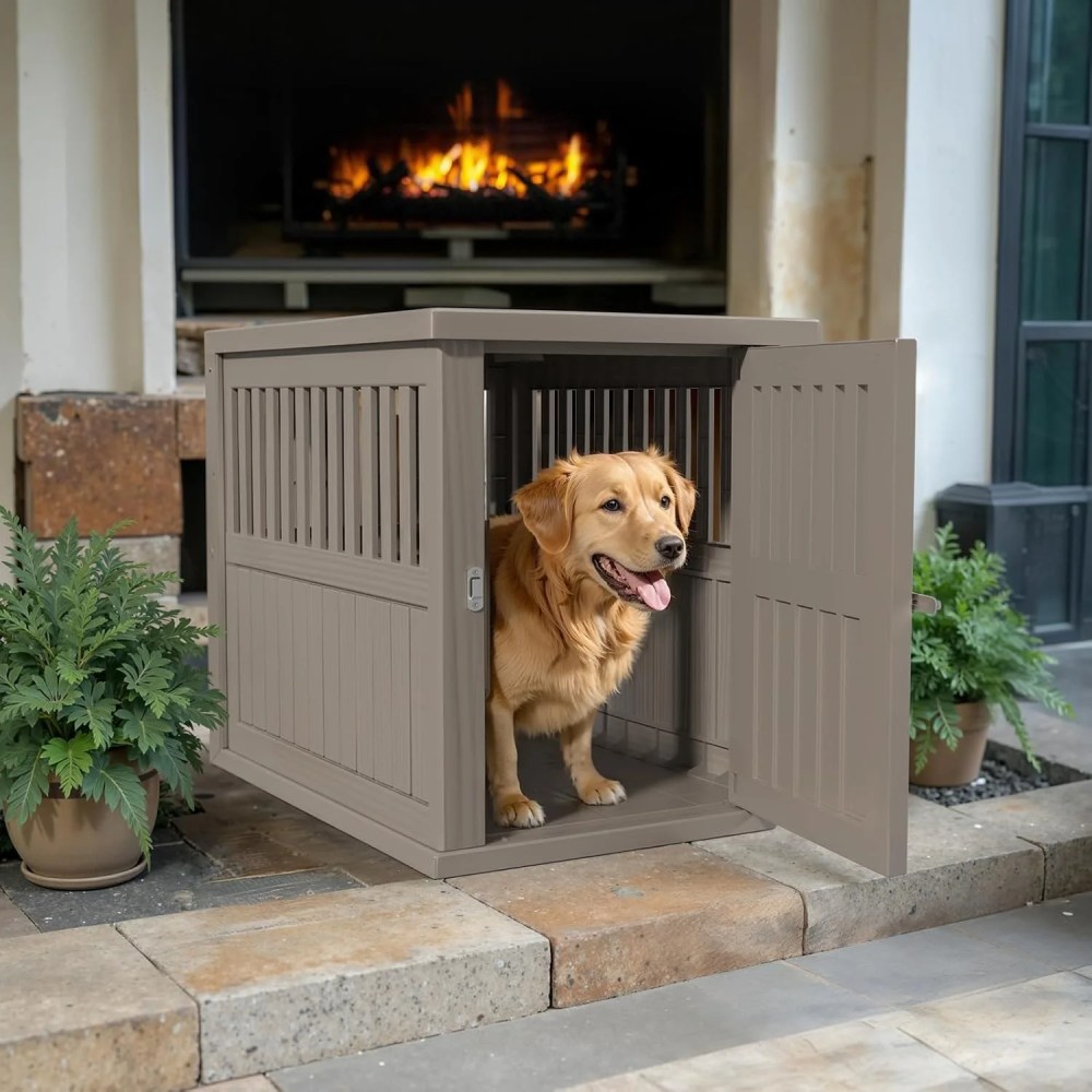 30x21x25in Heavy-Duty Resin Dog Crate for Large Dogs-Weatherproof, Ventilated, Lockable Door Indoor/Outdoor Portable Kennel (Light Coffee) - Image 7
