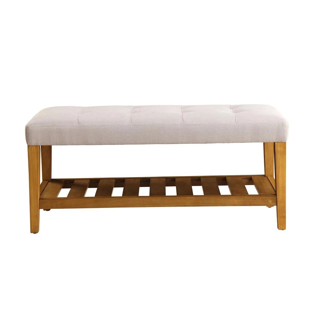 ACME Charla Fabric Upholstered Bench with Bottom Shelf in Light Gray and Oak - Image 4