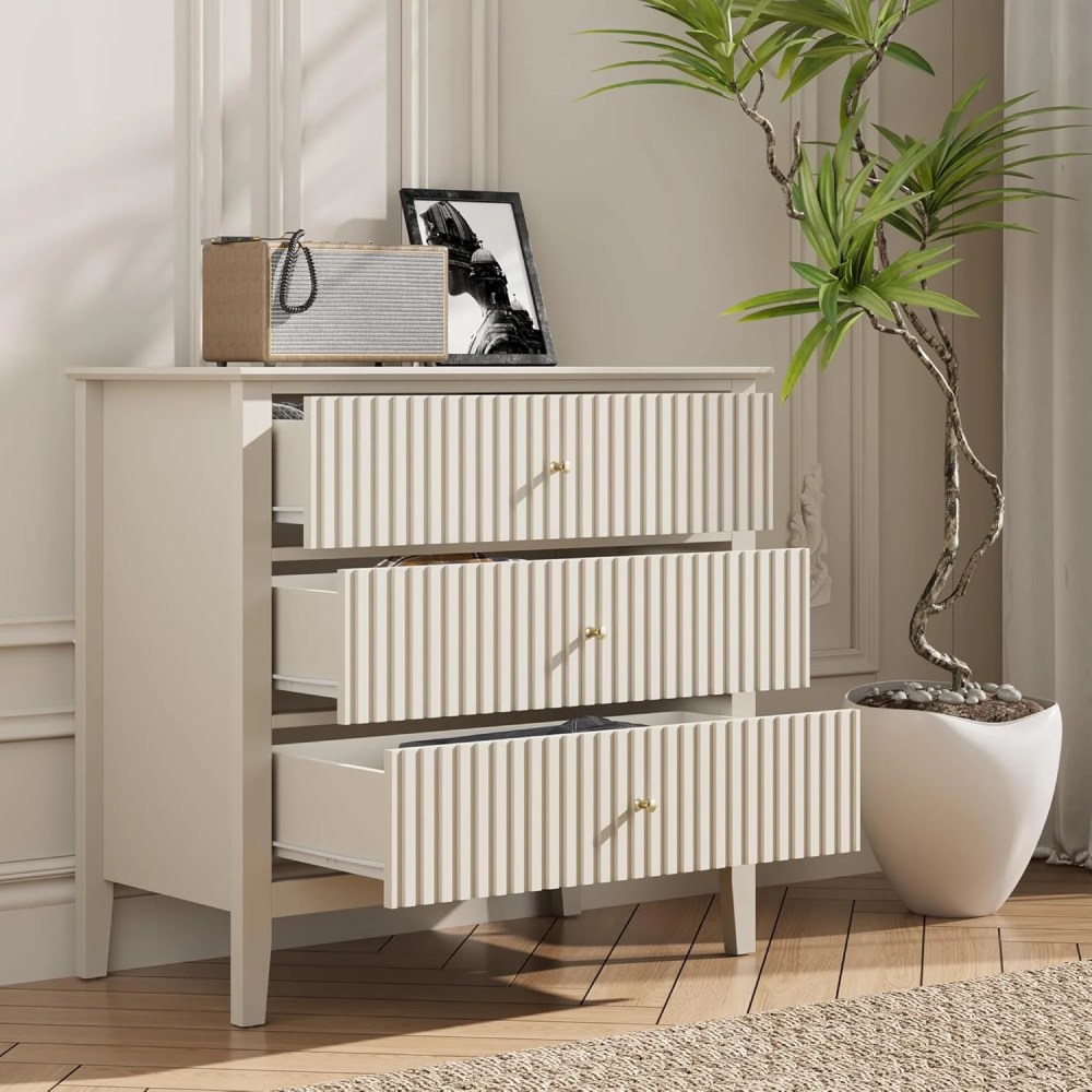 Sunvivi Large Chest of 3 Drawers,Modern Dresser with Ball Bearing Slide,Beige