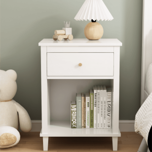Wooden Nightstand with One Drawer One Shelf, Modern Bedside Tables for Kids, Adults, White